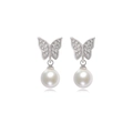 Detail view of silver butterfly earrings with sparkling zircon wings and white pearl drops - EH287 Butterfly Silver Style