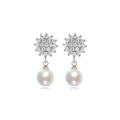 Detailed macro view of heart-shaped pearl earrings with cubic zirconia micro-pave - EH288 Sunburst Silver Style