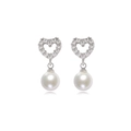 Close-up of heart-shaped gold plated earrings with zircon paving and dangling round pearls - EH289 Hollow Heart Silver Style