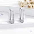 Detail of silver rectangular U-shaped hoop earrings with micro-pave white zircon stones - Silver (EH546)