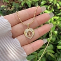 18K gold plated heart pendant with zircon letter E on golden bead necklace - 18K Gold / Gold E