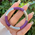 Detailed close-up of purple resin and silver metal beads on a stylish bracelet - Purple and Silver (2)