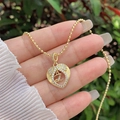Detail of 18K gold-plated heart pendant with Zirconia and cursive letter L on bead chain - 18K Gold / Gold Z
