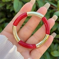 Elastic bamboo style bracelet with red resin and gold metal segments for daily wear - Red and Gold (9)