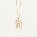 Detail of gold square pendant necklace featuring a micro-paved crystal letter Q charm - Letter Q