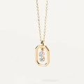 Detailed close-up of a gold-plated square pendant necklace with a zircon-inlaid letter S - S