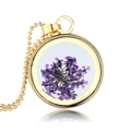 Handmade gold round necklace with real purple dried flowers for women in nature style - Purple Dried Flower (NH091)