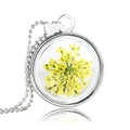 Handmade silver round necklace featuring a yellow dried flower pendant with a bead chain - Yellow Dried Flower (NH098)
