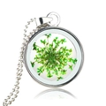 Silver round pendant necklace with natural green dried flowers and metal ball chain - Green Dried Flower (NH086)