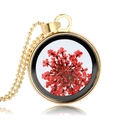 Handmade necklace featuring round glass pendant with red dried flowers and golden edge - Red Dried Flower (NH095)