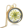 Collana artigianale dorata con ciondolo tondo trasparente e fiori secchi gialli - Fiore Secco Giallo (NH099)