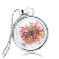 Collana artigianale in argento con ciondolo tondo in vetro e veri fiori secchi rosa - Fiore Secco Rosa (NH096)