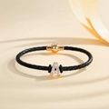 Detail of black braided leather bracelet with a gold crystal-encrusted A letter charm - Letter A (PSL221--A)