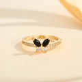 Elegant gold-plated butterfly open ring featuring black stones and white zircons - US 7 / Gold Black Zirconia