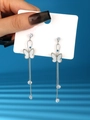 Silver long tassel butterfly earrings with sparkling cubic zirconia and white shell finish - Shell Butterfly Zirconia Tassel Style (NE1316)