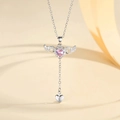 Cupid heart pendant necklace with pink zircon and angel wings on a stylish silver chain - Silver (PXL230Silver)