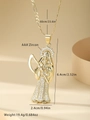 Detailed view of Santa Muerte pendant with AAA+ zircon stones and Figaro chain dimensions - Figaro Chain Style (XL088) / Gold And White Zircon