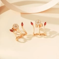 Detail of gold floral stud earrings with red marquise gems and micro-pave zircons - Red (EH1238)