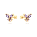 Détail de boucles d'oreilles papillon dorées avec zircon violet et fermoir à vis rond - Style Papillon Or Violet
