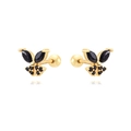 Macro des boucles d'oreilles papillon dorées avec zircons noirs et fermoir vissé en S925 - Style Papillon Noir Doré