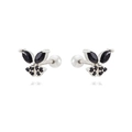 Détail de boucles d'oreilles papillon en argent avec zircons noirs et fermoir perle - Style Papillon Argent Noir