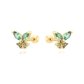 Gros plan sur boucles d'oreilles papillon dorées avec zircons verts et fermoirs à vis - Style Papillon Or Vert