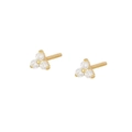 Detailed view of three-petal gold flower stud earrings with brilliant zircon stones - Three-Petal Flower Studs (W80076) / Gold