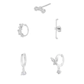 Fünfteiliges silbernes Ohrring-Set für Damen mit Zirkonia-Steckern und Earcuffs - 24K / Silber
