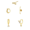 Set di 5 orecchini dorati con zirconi con perni, cerchi e un ear cuff geometrico - 24k / Oro