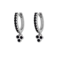 Macro detail of silver clover hoop earrings featuring black stones and zircon inlay - Silver Black Zirconia Triple Stone Cluster (W80081-SS)