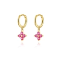 Detail of gold plated clover earrings with pink zircon stones and hoop closure mechanism - Gold Pink Zirconia Clover (W80082-GG-3)