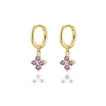 Macro detail of gold-plated silver hoop earrings with purple zircon clover pendants - Gold Purple Zirconia Clover (W80082-GG-5)