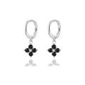 Macro detail of silver hoop earrings with four-leaf clover black zircon stone charms - Silver Black Zirconia Clover (W80082-SS)