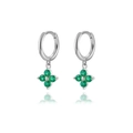 Detail of silver clover earrings with inlaid heart-shaped green zircon stones - Silver Green Zirconia Clover (W80082-SS-2)