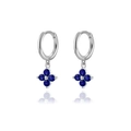 Detailed close-up of silver clover drop earrings with blue zircon and mirror reflection - Silver Blue Zirconia Clover (W80082-SS-4)