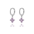 Detailed macro of silver four-leaf clover earrings with purple zircon stones on white base - Silver Purple Zirconia Clover (W80082-SS-5)
