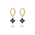 925 silver gold-plated clover hoop earrings with black zircon stones on white background - Gold Black Zirconia Clover (W80082-GG)