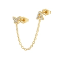 Golden chain stud earring featuring a zircon butterfly and letter A for double piercings - A Style (W80099-GG-A) / Gold