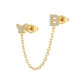 Golden butterfly and letter B chain earrings set with shimmering zircon stones - B Style (W80099-GG-B) / Gold