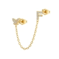 Macro detail of gold-plated butterfly and letter F stud earring with zircon chain - F Style (W80099-GG-F)