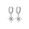 Elegant silver huggie earrings with sparkling zircon flower star charms on white background - Silver Octagram Drop (W80105-SS)