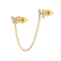 Detail view of gold butterfly and H letter stud earrings with shiny zircon and chain link - H Style (W80099-GG-H)