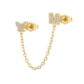 Detailed view of zircon butterfly and letter M stud earring set with golden link chain - M Style (W80099-GG-M)