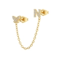 Detailed shot of gold plated chain earrings with zircon butterfly and letter N charm - N Style (W80099-GG-N)