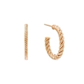 Macro detail of twisted rope gold hoop earrings with polished metal texture - 20mm / Rose Gold