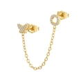 Detailed macro view of gold-tone butterfly and letter O stud earrings with zircon stones - O Style (W80099-GG-O)