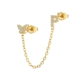 Detailed view of golden butterfly and letter P chain earring with pavé zircon setting - P Style (W80099-GG-P)