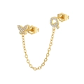 Detail of gold chain earring featuring a zircon butterfly and letter Q stud design - Q Style (W80099-GG-)