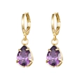 Elegant gold drop earrings featuring purple teardrop crystals in a 4-prong setting - Golden Purple (W80041-GG-6)