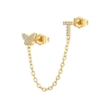 Detail view of gold butterfly and letter T earring connected by a delicate chain link - T Style (W80099-GG-T)